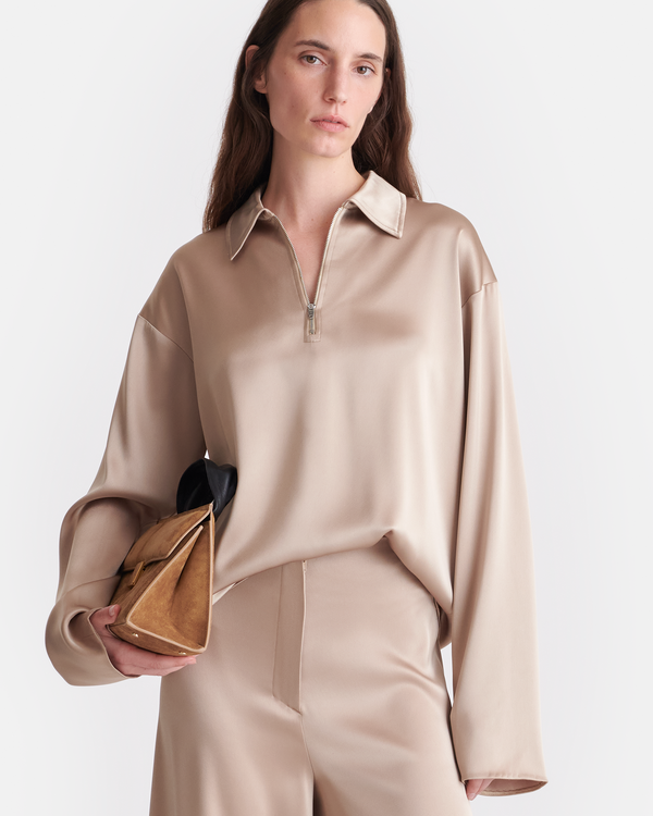 nanushka Mencia - Slip Satin Polo-Neck Top - Dune