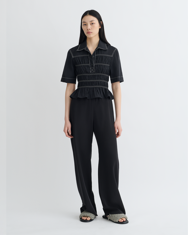 Nanushka Nairi - Smocked Glass Poplin Shirt - Black