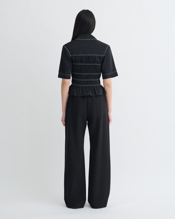 Nanushka Nairi - Smocked Glass Poplin Shirt - Black