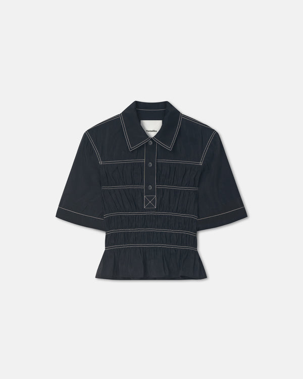 Nanushka Nairi - Smocked Glass Poplin Shirt - Black
