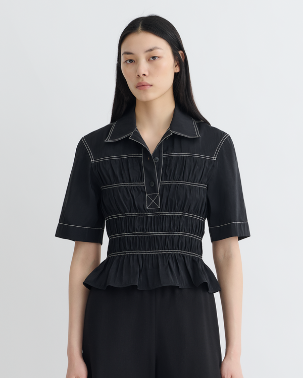 nanushka Nairi - Smocked Glass Poplin Shirt - Black