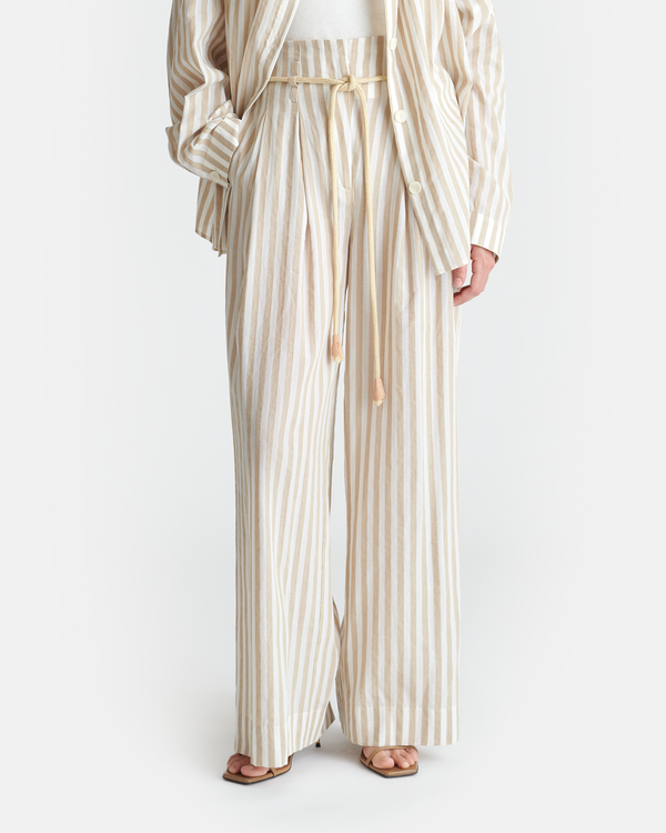 Nanushka Nevada - Striped Belted Linen Pants - Beige