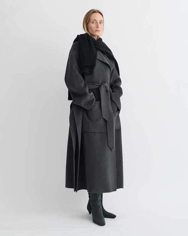Nanushka Salima - Double Wool Robe Coat - Grey Melange