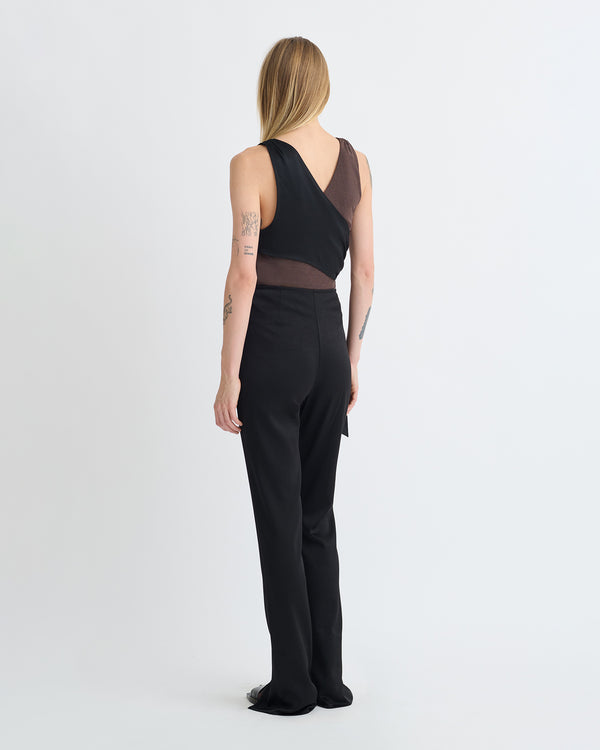 Nanushka Neca - Mesh Jersey/Slip Satin Sleeveless Top - Dark Oak/Black