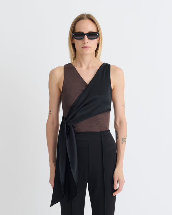 Nanushka Neca - Mesh Jersey/Slip Satin Sleeveless Top - Dark Oak/Black