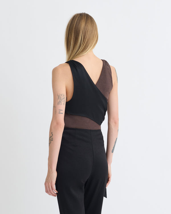 Nanushka Neca - Mesh Jersey/Slip Satin Sleeveless Top - Dark Oak/Black