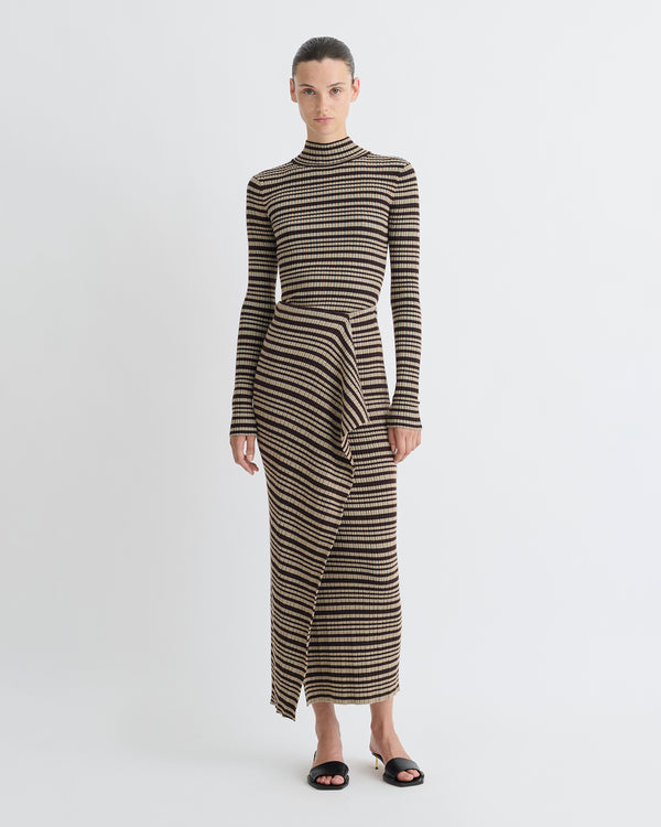 Nanushka Nitsa - Fine Merino Rib Mid-Length Skirt - Black/Brown/Green Stripe