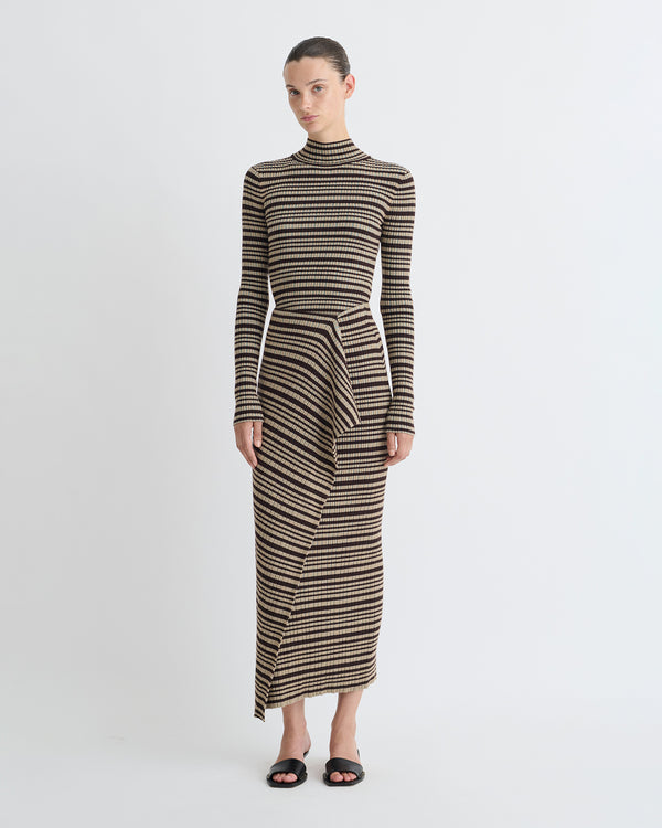 Nanushka Nitsa - Fine Merino Rib Mid-Length Skirt - Black/Brown/Green Stripe