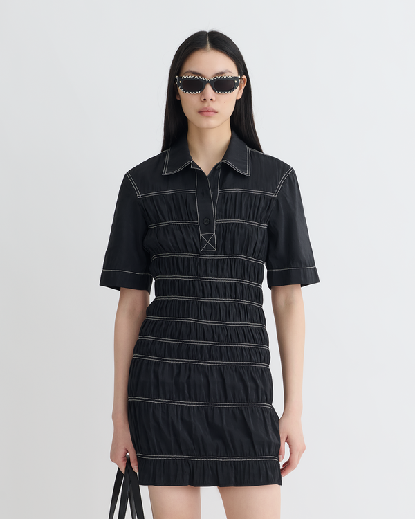 Nanushka Nomia - Smocked Glass Poplin Mini Dress - Black