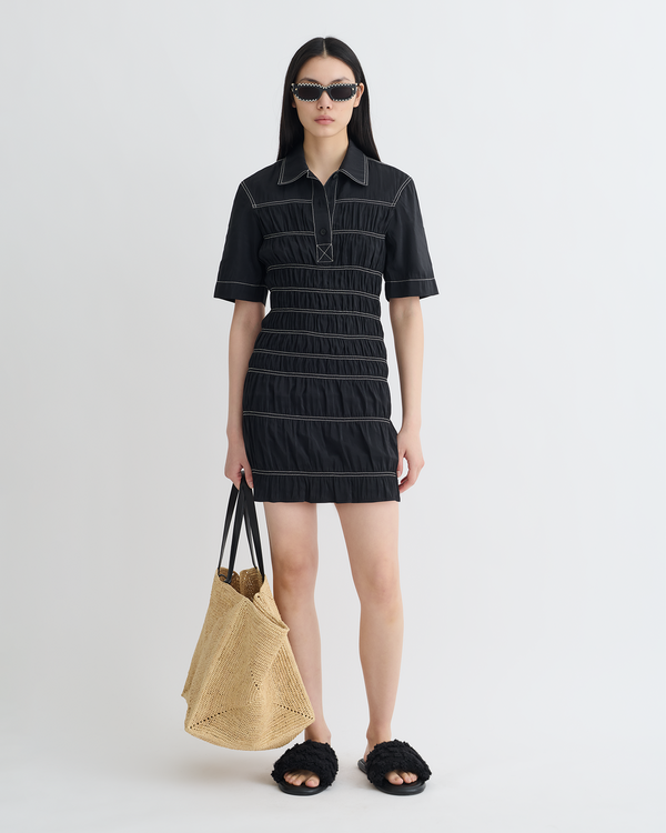 nanushka Nomia - Smocked Glass Poplin Mini Dress - Black