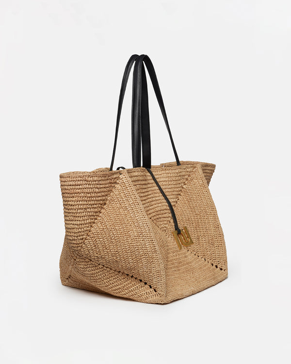 Nanushka Origami Tote Large - Raffia Charm Tote - Natural/Black