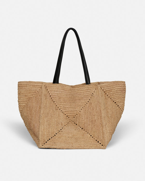 Nanushka Origami Tote Large - Raffia Charm Tote - Natural/Black