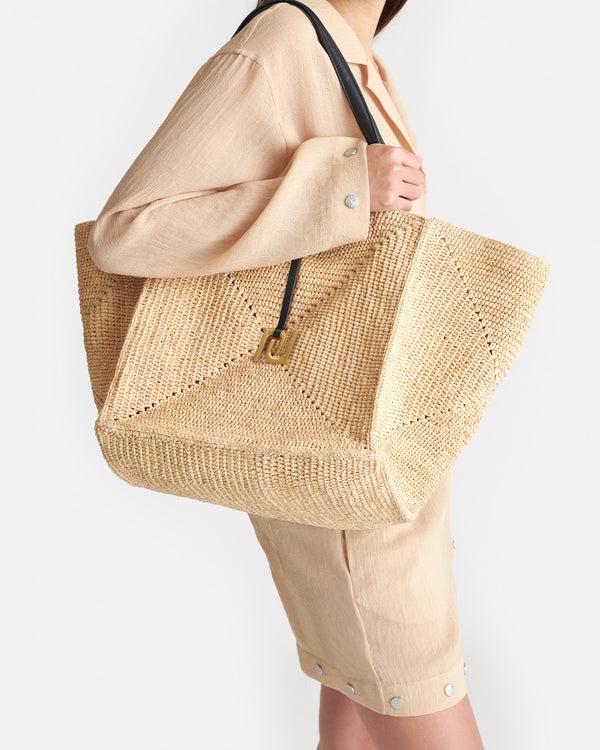Nanushka Origami Tote Large - Raffia Charm Tote - Natural/Black