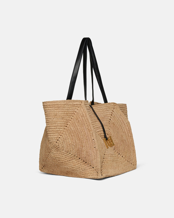 Nanushka Origami Tote - Raffia Charm Tote - Natural/Black