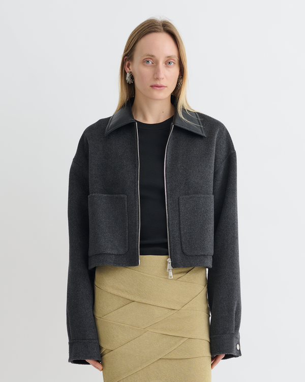 nanushka Phebe - Cropped Double Wool Jacket - Grey Melange/Black