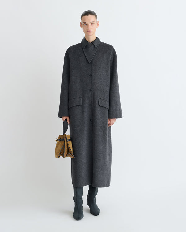 Nanushka Rowina - Double Wool/Regen Leather Coat - Grey Melange/Black