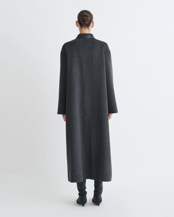 Nanushka Rowina - Double Wool/Regen Leather Coat - Grey Melange/Black