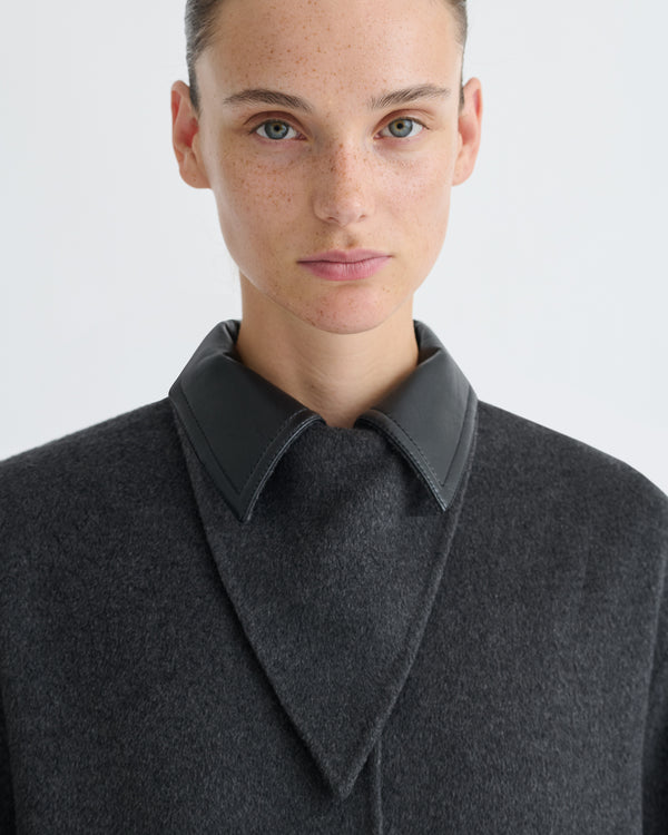 Nanushka Rowina - Double Wool/Regen Leather Coat - Grey Melange/Black