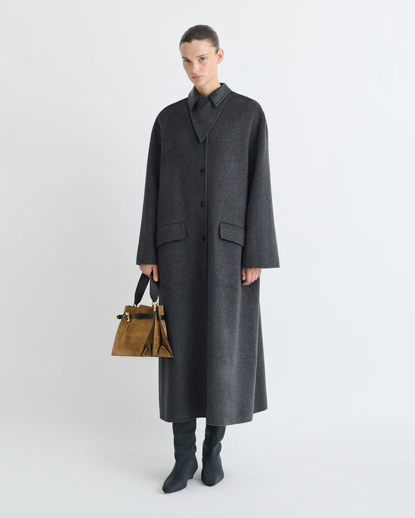 nanushka Rowina - Double Wool/Regen Leather Coat - Grey Melange/Black