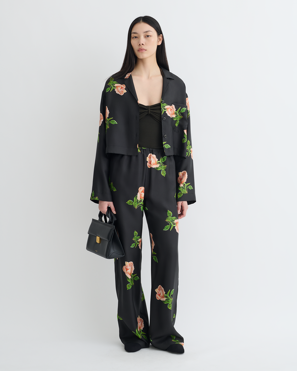 Nanushka Vally - Cropped Silk Twill Shirt - Off Black/Roses