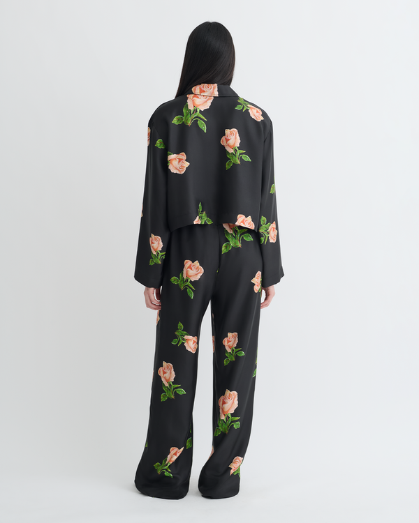 Nanushka Vally - Cropped Silk Twill Shirt - Off Black/Roses