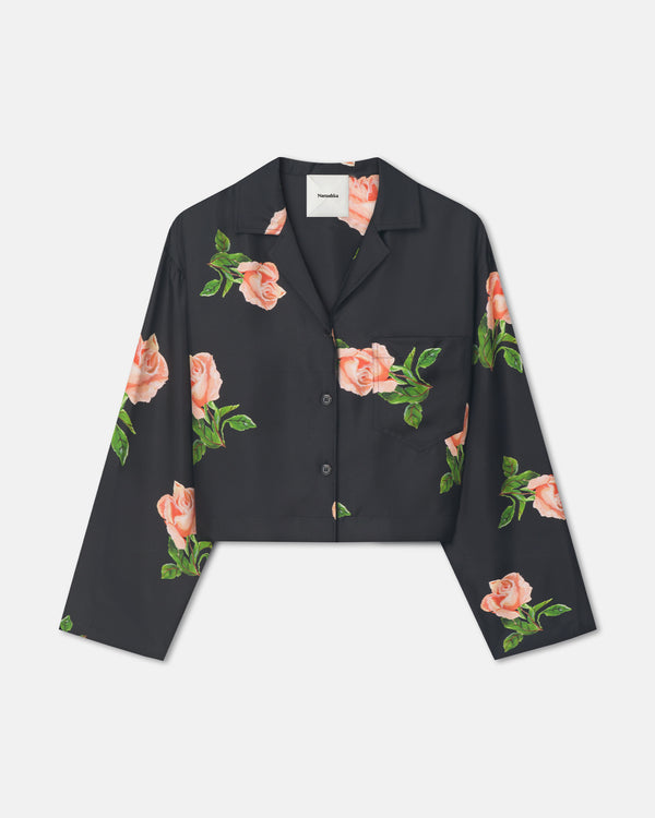 Nanushka Vally - Cropped Silk Twill Shirt - Off Black/Roses