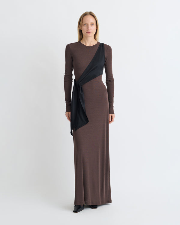 Nanushka Yura - Mesh Jersey/Slip Satin Long Dress - Dark Oak/Black