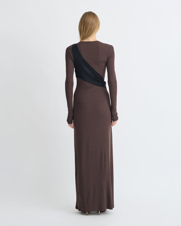 Nanushka Yura - Mesh Jersey/Slip Satin Long Dress - Dark Oak/Black