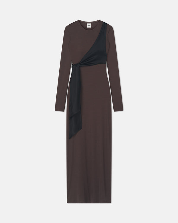 nanushka Yura - Mesh Jersey/Slip Satin Long Dress - Dark Oak/Black