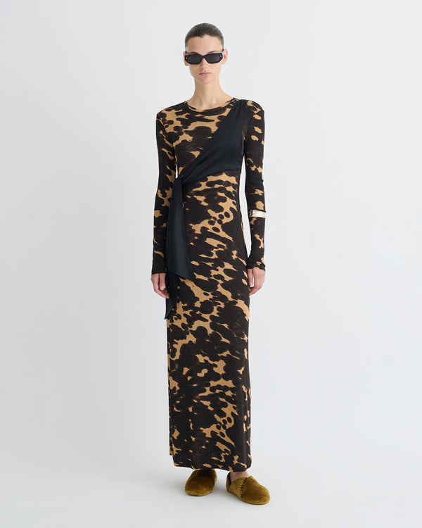 Nanushka Yura - Mesh Jersey/Slip Satin Long Dress - Midnight Mocha Apricot/Blac