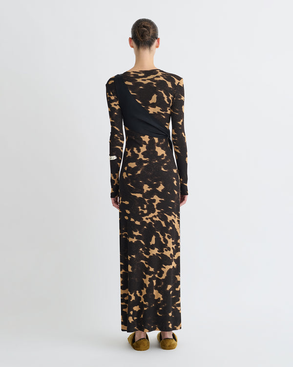 Nanushka Yura - Mesh Jersey/Slip Satin Long Dress - Midnight Mocha Apricot/Blac