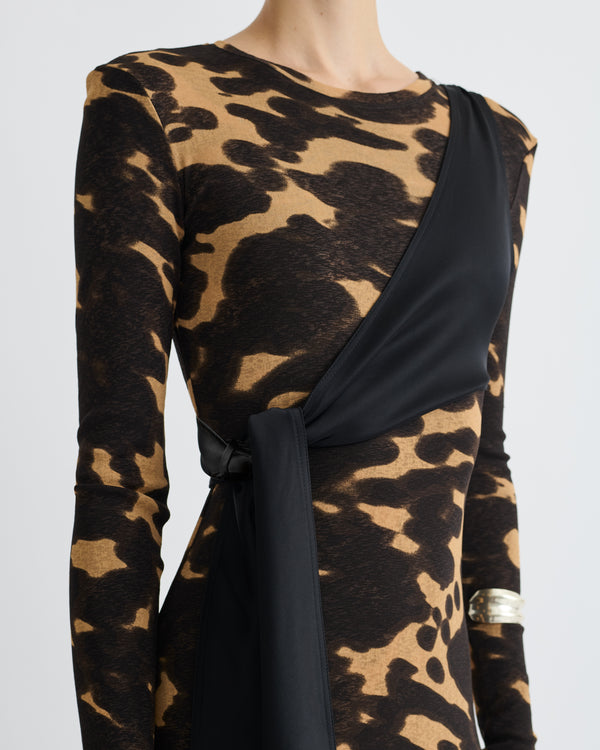 Nanushka Yura - Mesh Jersey/Slip Satin Long Dress - Midnight Mocha Apricot/Blac