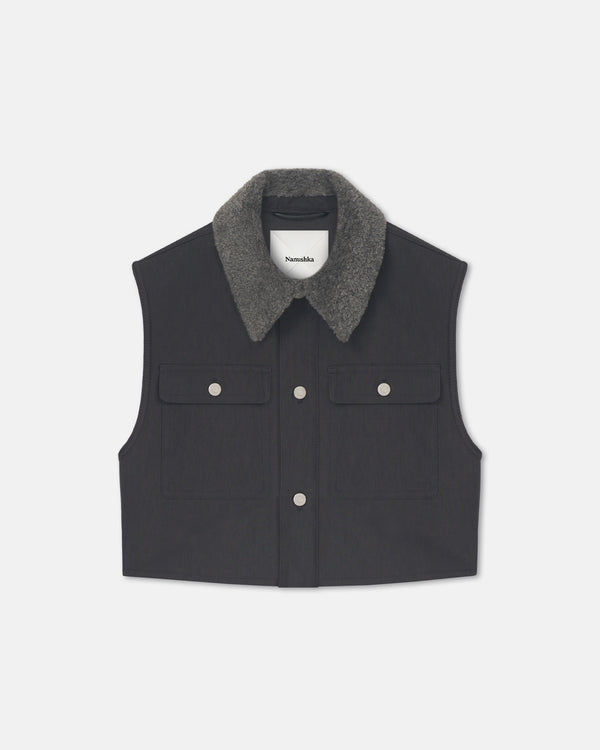 nanushka Zalina - Wax Cotton and Faux Shearling Vest - Graphite