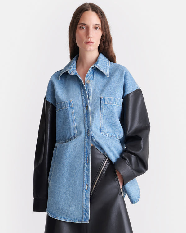 Nanushka Zinnie - Denim And Regenerated Leather Shirt - Mid Blue-Black