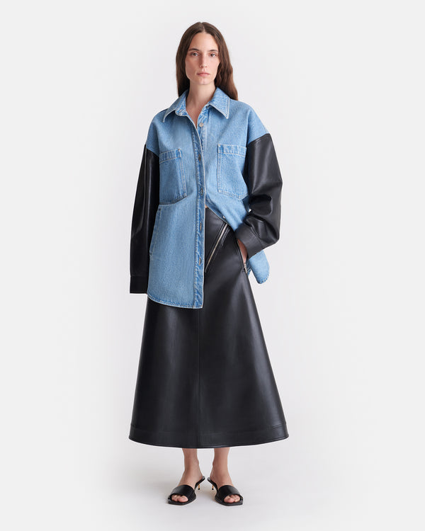 Nanushka Zinnie - Denim And Regenerated Leather Shirt - Mid Blue-Black