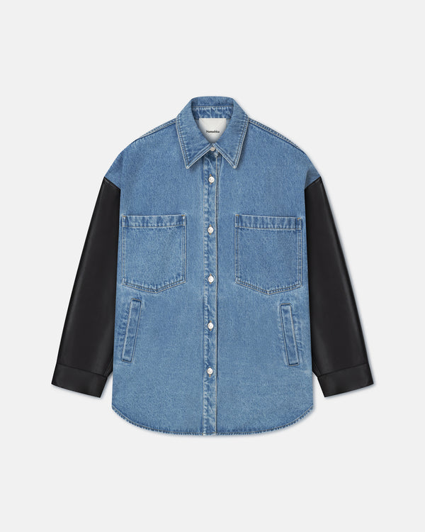 nanushka Zinnie - Denim and Regenerated Leather Shirt - Mid Blue-Black