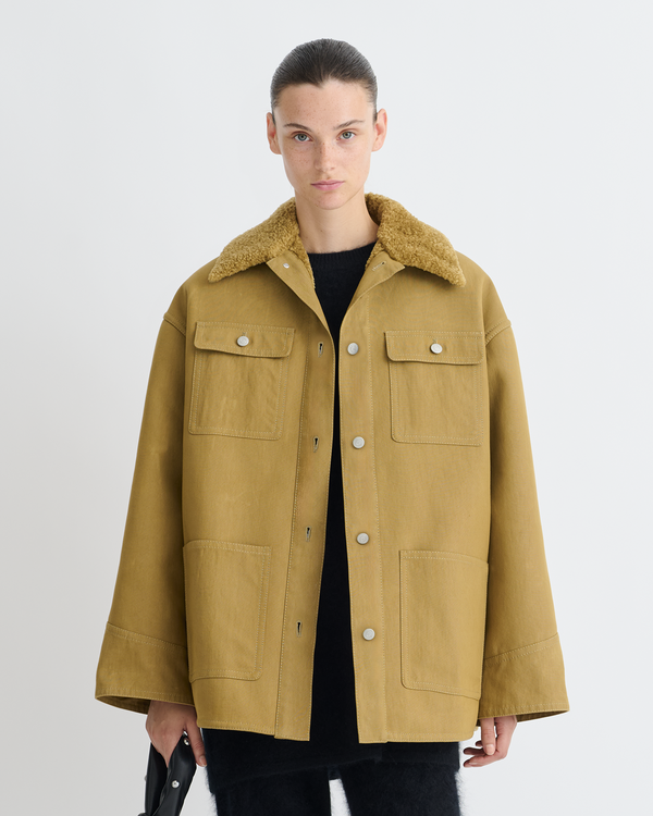Nanushka Zonta - Wax Cotton And Faux Shearling Jacket - Yellow Khaki