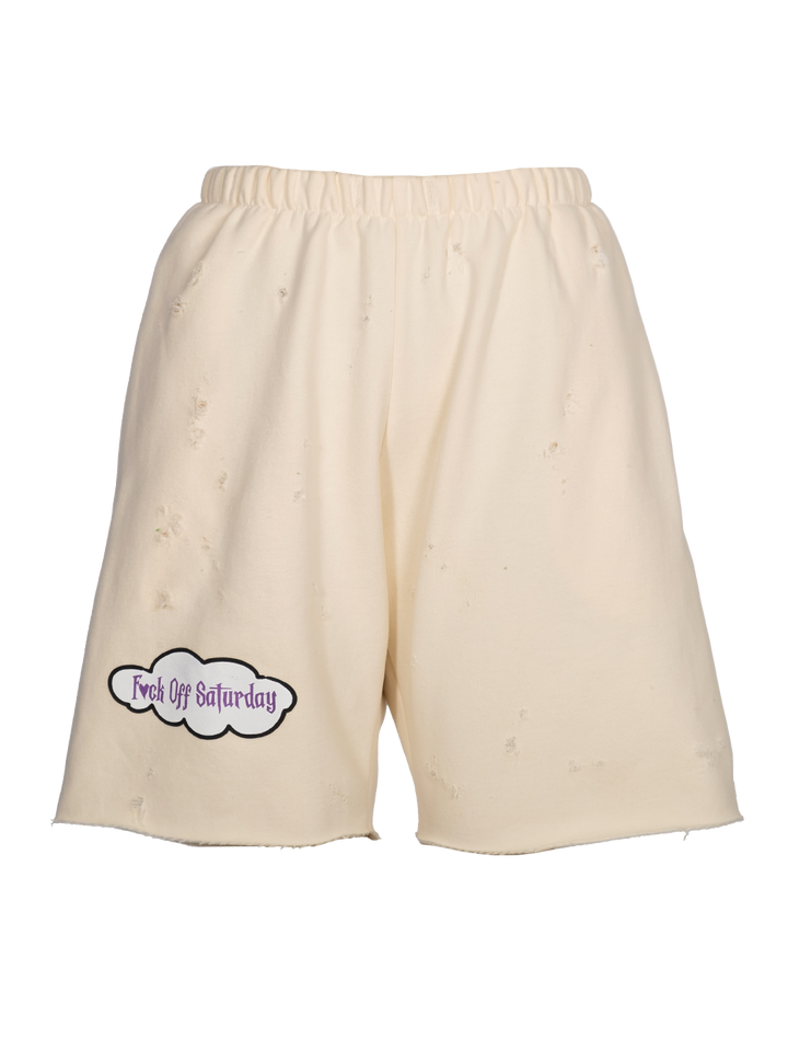 natasha zinko Distressed 'F*ck Off Saturday' Jogging Shorts
