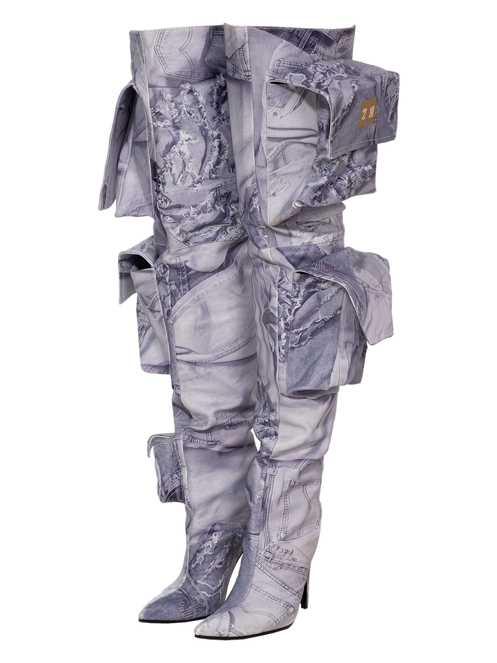 Natasha Zinko Denim Print Cargo Boots