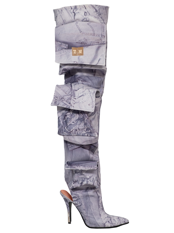 Natasha Zinko Denim Print Cargo Boots