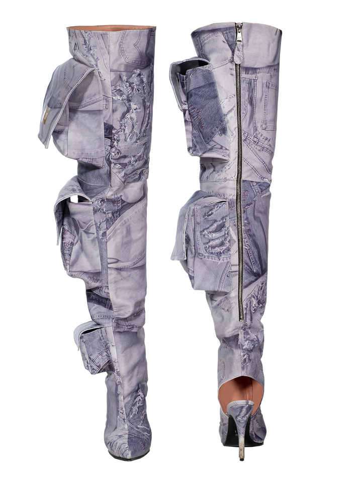 Natasha Zinko Denim Print Cargo Boots