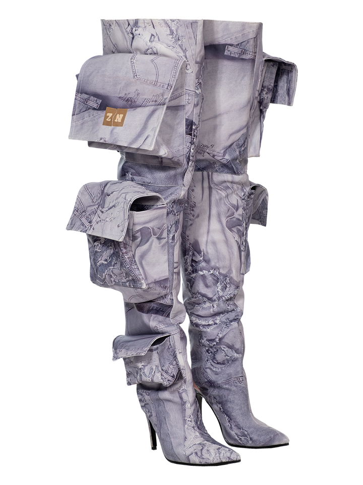 natasha zinko Denim Print Cargo Boots
