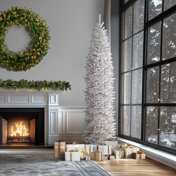 National Tree Company 12 Ft.Pre-Lit Kingswood Fir White Pencil Slim Tree With Clear Lights
