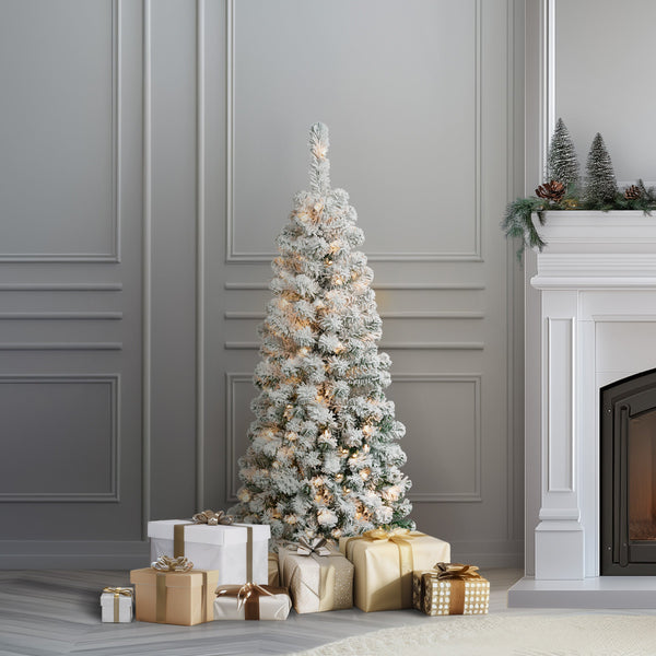 National Tree Company 4.5 Ft. Pre-Lit Acacia Pencil Slim Flocked Tree With Clear Lights