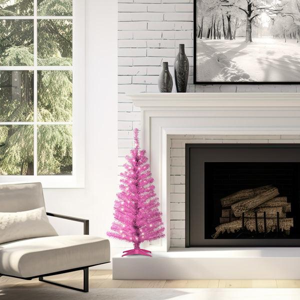 National Tree Company 4 Ft. Pre-Lit Tinsel Collection Pink Tree With Clear Lights