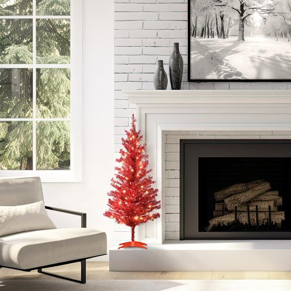 National Tree Company 4 Ft. Pre-Lit Tinsel Collection Red Tree With Clear Lights