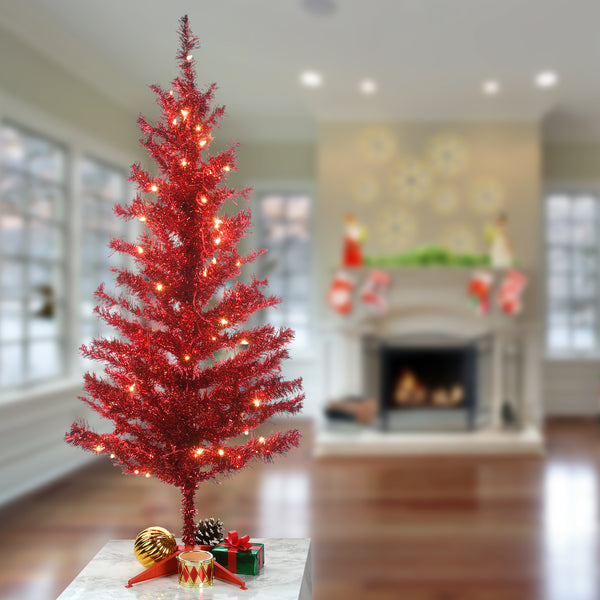 National Tree Company 4 Ft. Pre-Lit Tinsel Collection Red Tree With Clear Lights