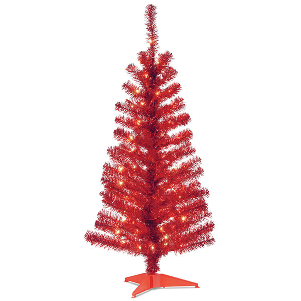 national tree company 4 ft. Pre-Lit Tinsel Collection Red Tree with Clear Lights