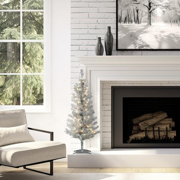 National Tree Company 4 Ft. Pre-Lit Tinsel Collection Silver Tree With Clear Lights