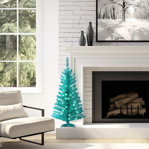 National Tree Company 4 Ft. Pre-Lit Tinsel Collection Turquoise Tree With Clear Lights
